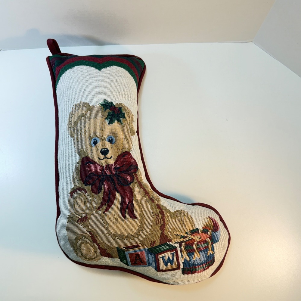 Christmas Stuff Stocking Pillow Burgundy Tapestry Teddy Bear ABC Cottage Holiday